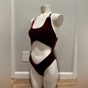 NEW SCHMINKE Burgundy Maroon Deep Red Velvet Cutout Strappy Pole Bodysuit S